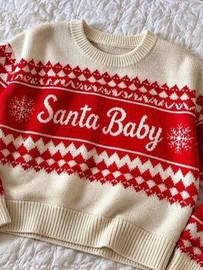 Santa Baby Crew Cotton Sweater in Cream & Red Womens Medium